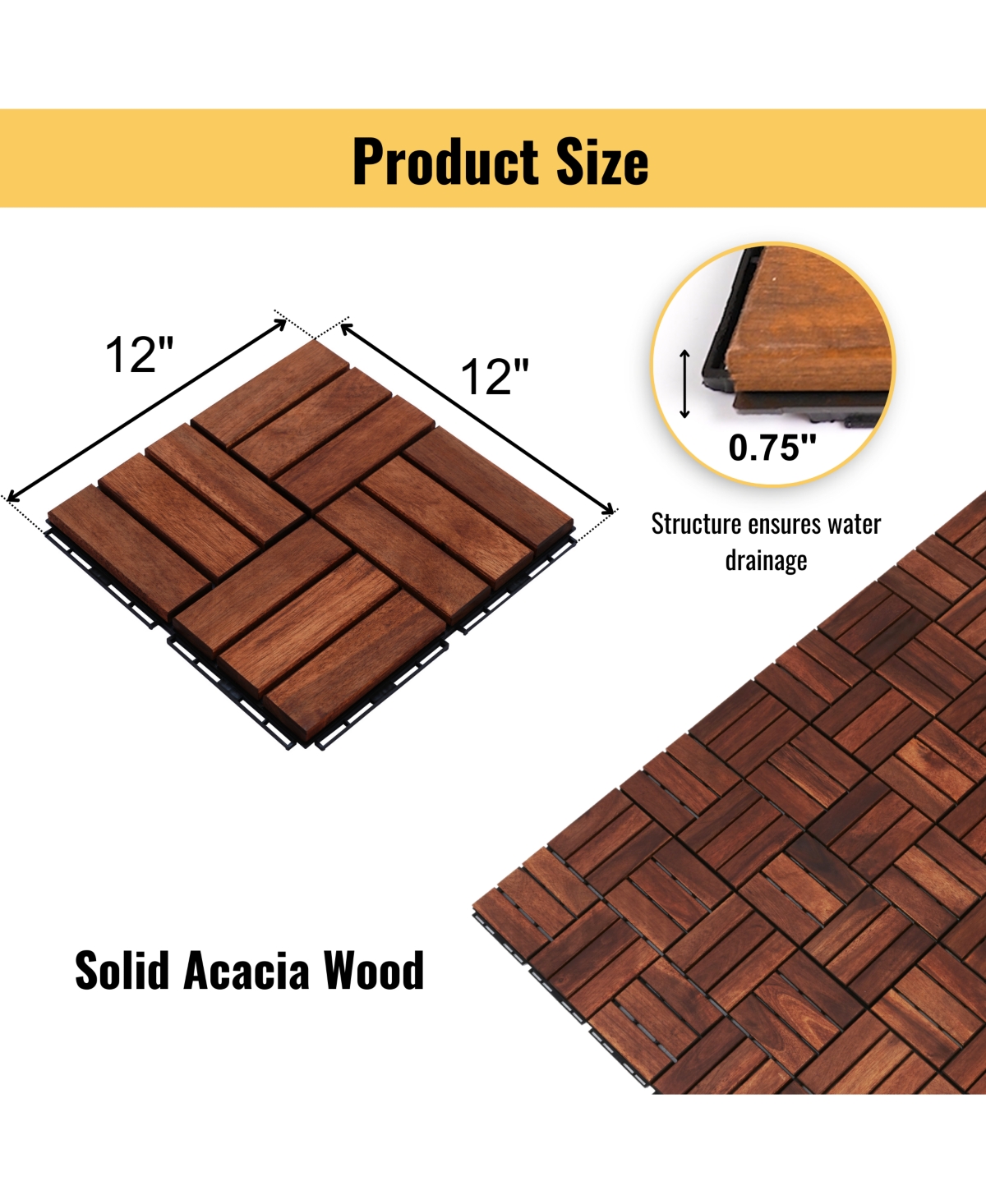 Mondawe 12-inch x 12-inch Acacia Wood Checker Pattern Interlocking Deck Tiles