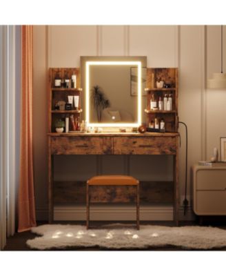 Makeup Vanity Desk with Smart LED Mirror & Charging Station, 6 Shelves, 2 Drawers & Soft Stool