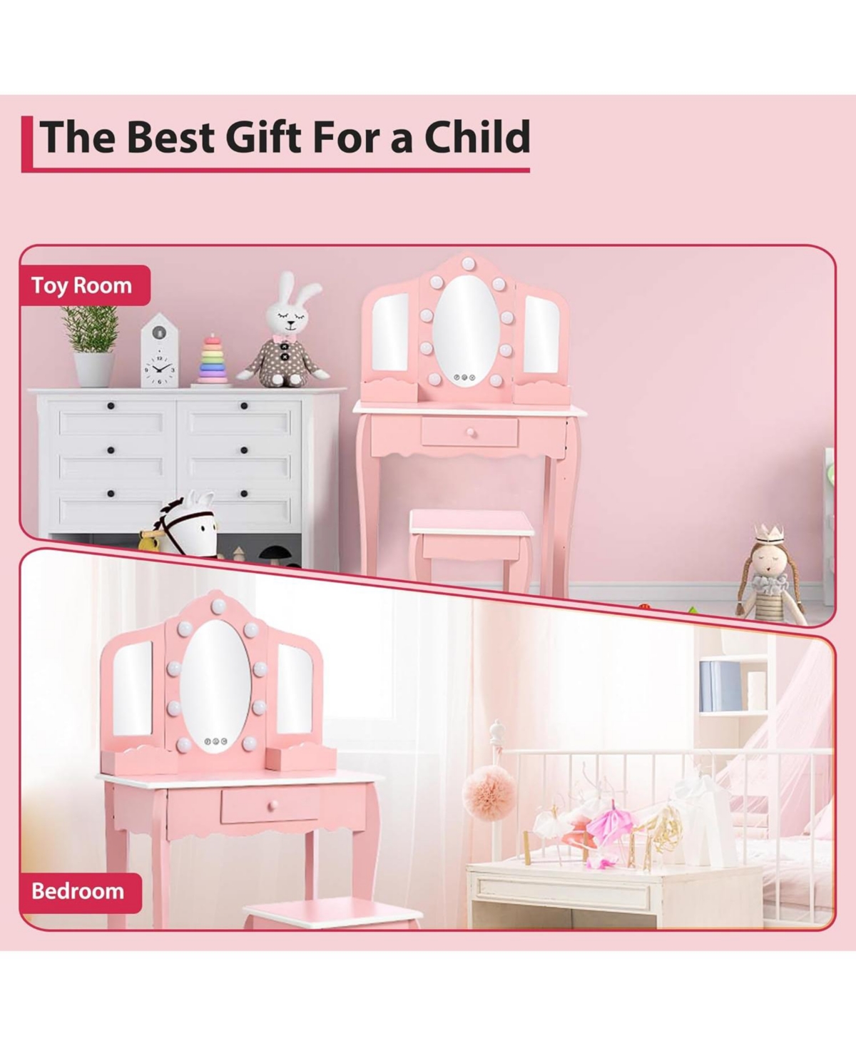 gaomon Kids Vanity Table and Chair Set with 3 Mirrors, Led Light & Drawer
