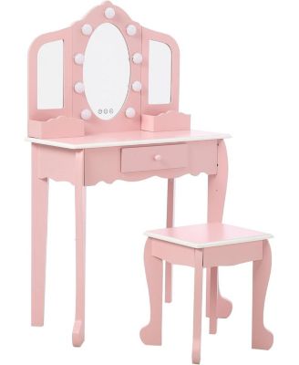 Kids Vanity Table and Chair Set with 3 Mirrors, LED Light & Drawer, Wooden Makeup Set