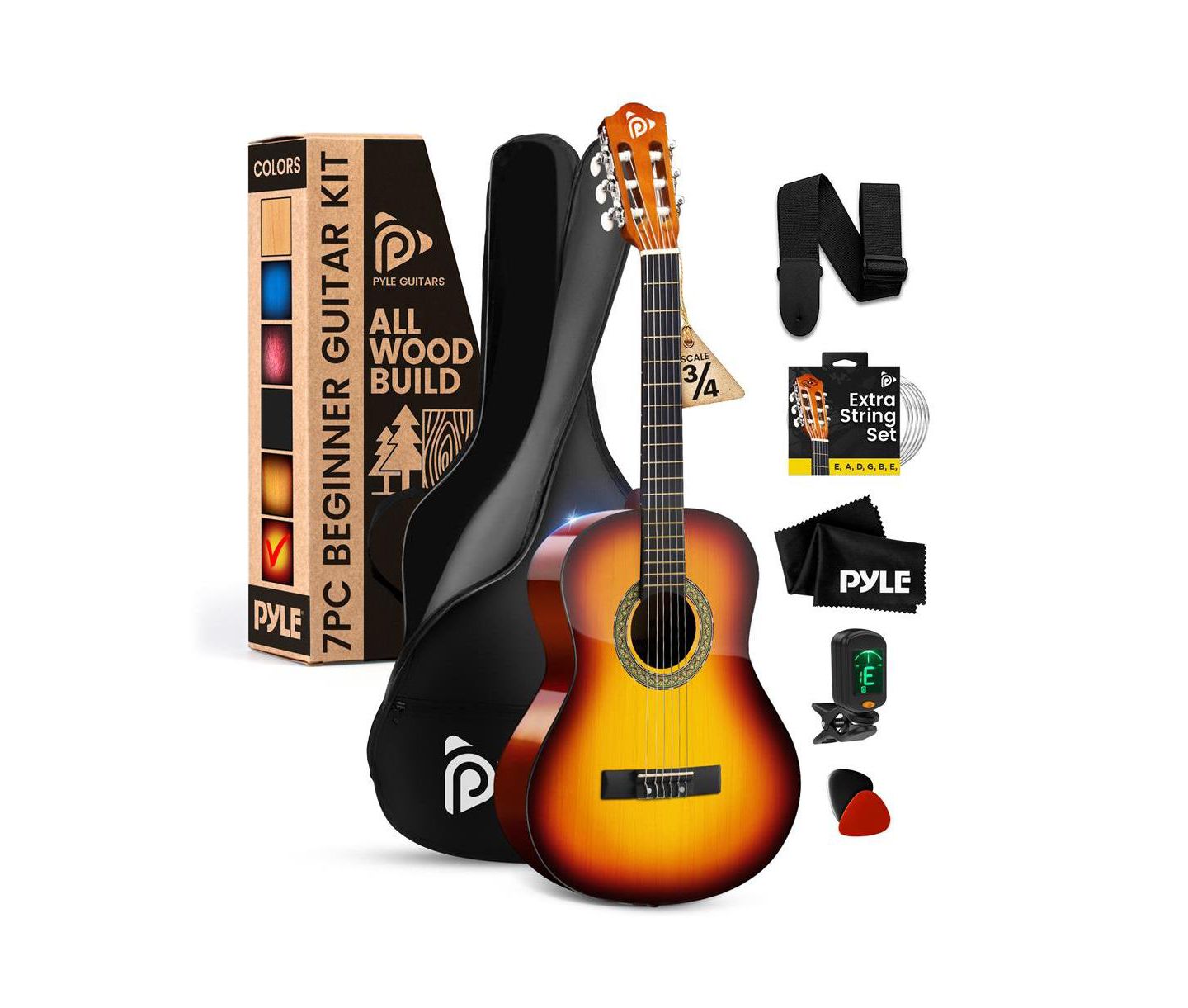 Детские игрушки Pyle 36" 3/4 Scale Nylon String Classical Guitar with Digital Tuner Kit, Ages 7+ — фото 1