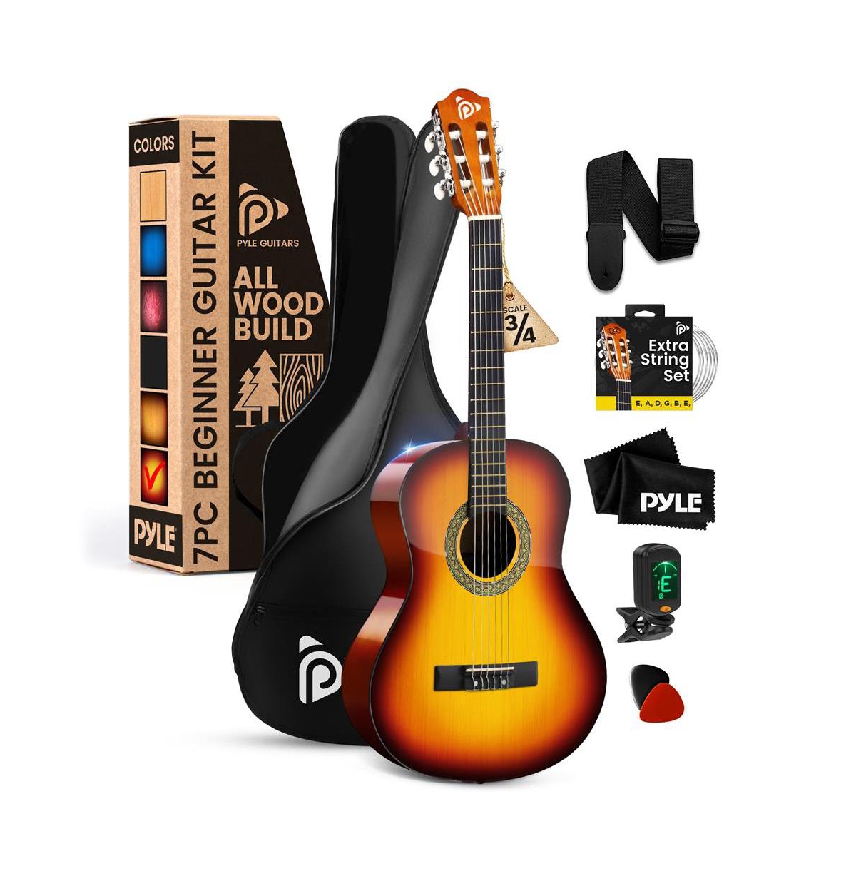 Beginner Acoustic Guitar Kit, 3/4 Junior Size All Wood Instrument with Full Accessory Kit, Picks