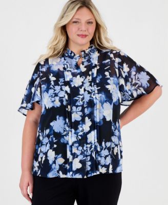 Plus Size Pleated-Placket Flutter-Sleeve Blouse