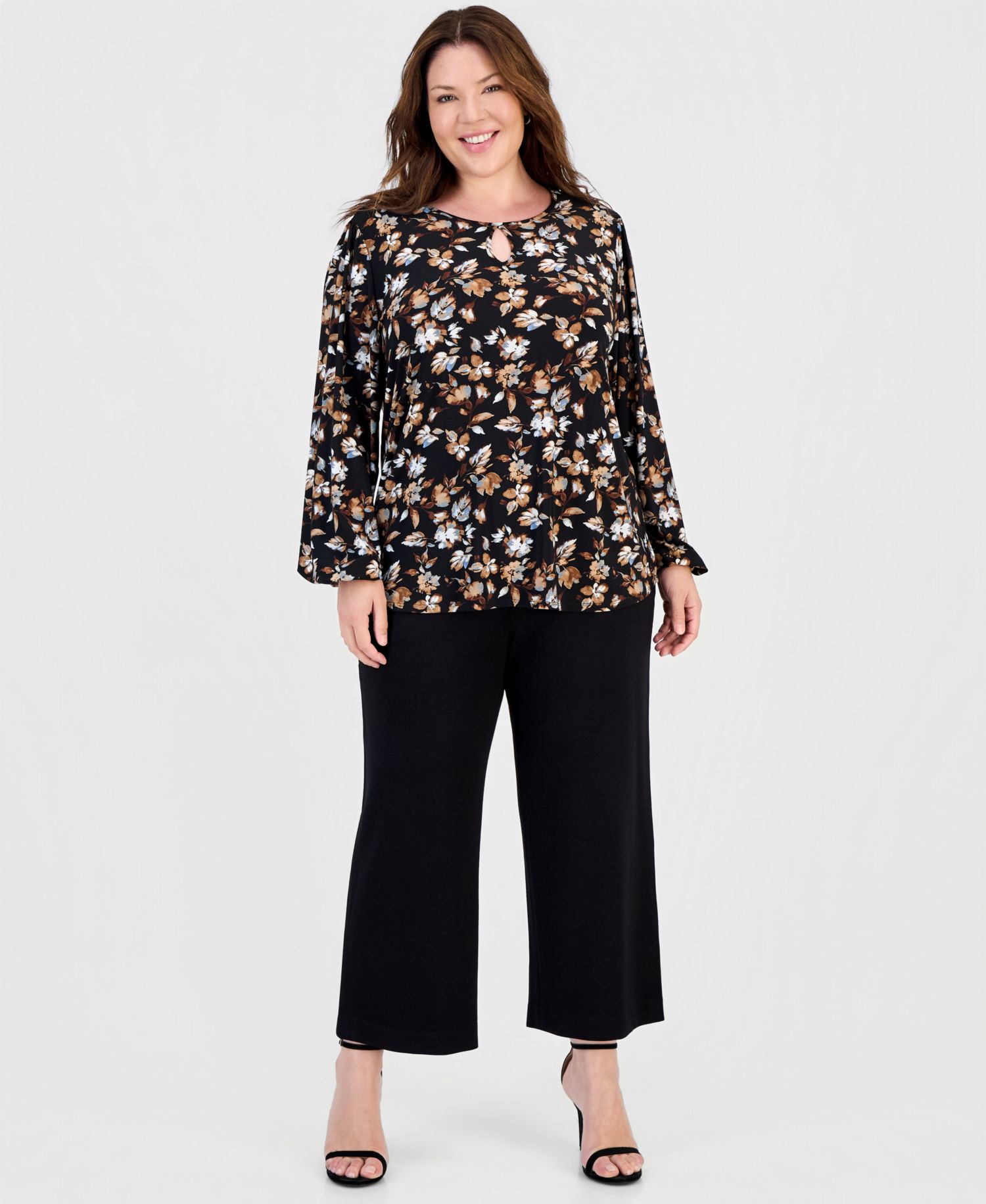 Plus Size Keyhole-Neck Long-Sleeve Knit Top