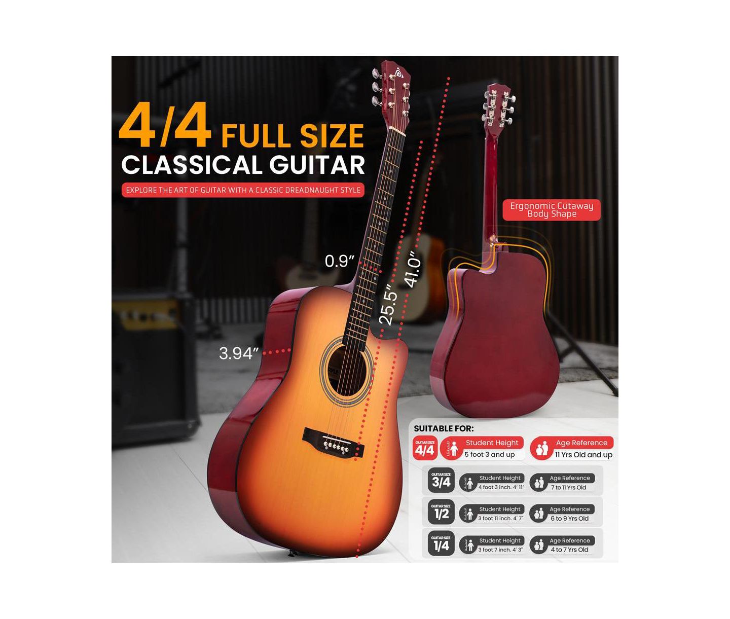 Детские игрушки Pyle 41 inch Full-Size Acoustic Guitar Kit, Cutaway Body with Digital Tuner and Accessory Kit, цвет: Коричневый — фото 2