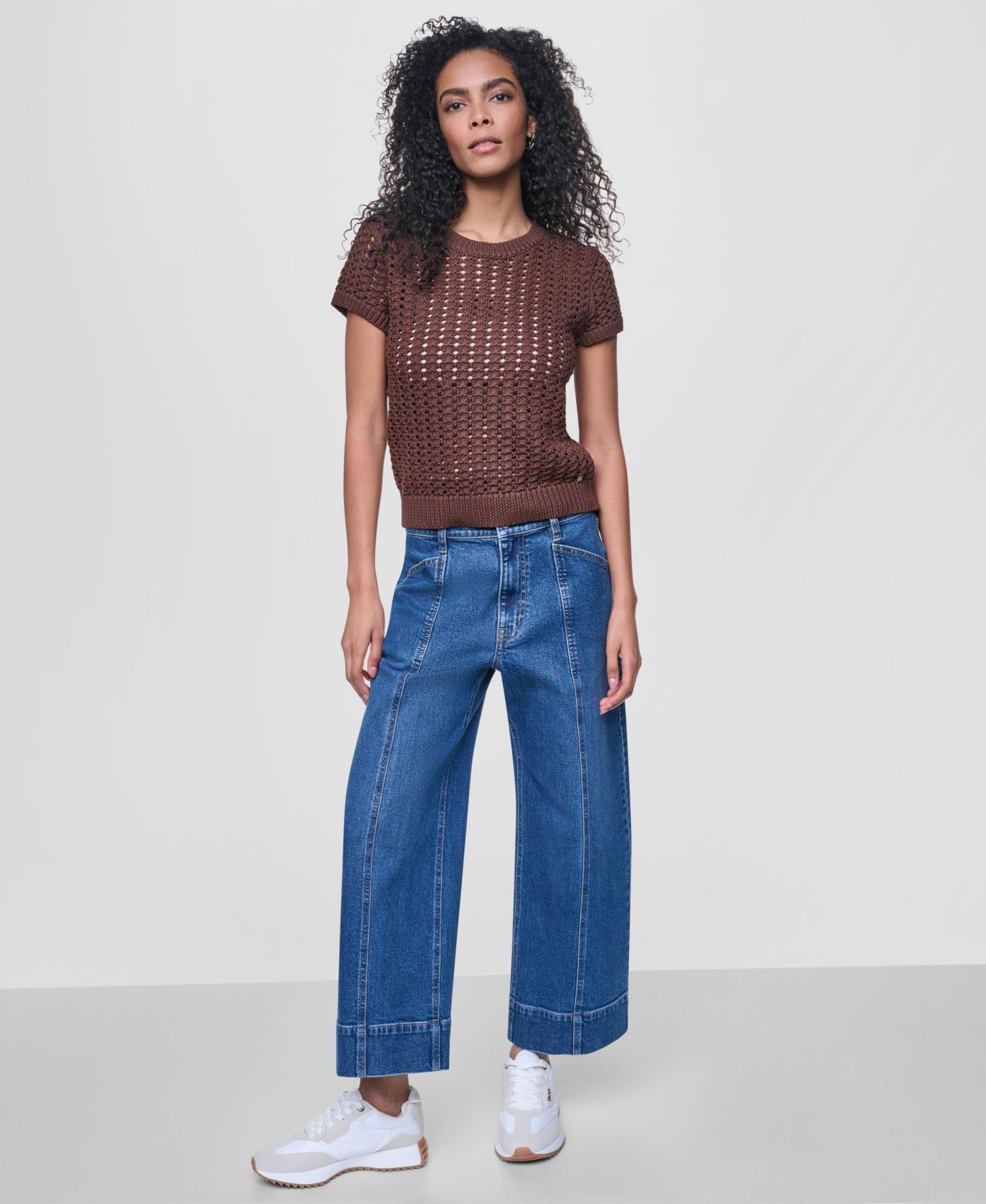 Women's Short-Sleeve Airy Chunky Pointelle Crewneck Sweater