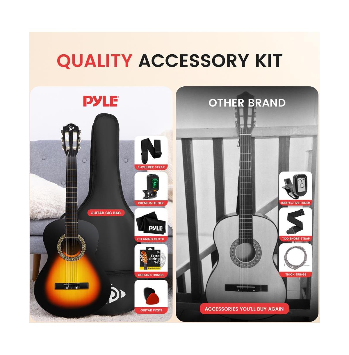 Pyle 39" 6-String Classic Guitar with Digital Tuner and Accessory Kit (Sunburst Teardrop)