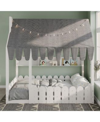 Montessori House Bed for Kids, Floor Bed with Fence Railings, Slats not included
