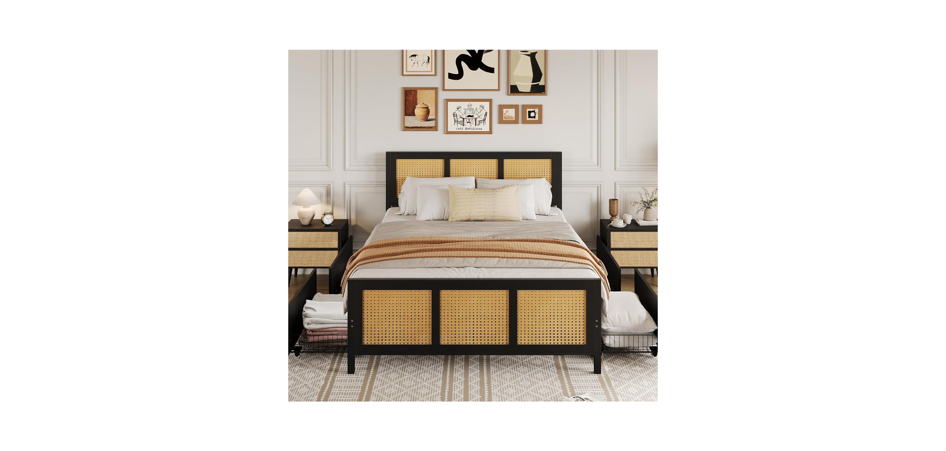 gaomon Rattan Bed Frame with Headboard, Boho Cane 4 Drawers, Metal Slats