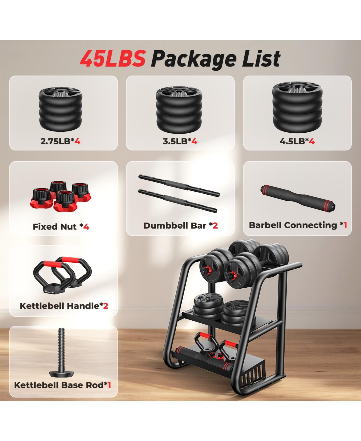 Fed Fitness Adjustable 5 in 1 Free Weights Set, Dumbbell Set, Convertible to Barbell, Kettlebell, Push Up Stand