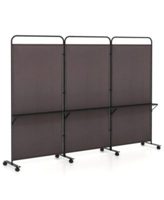 3-Panel Folding Room Divider with Metal Shelves and Lockable Wheels