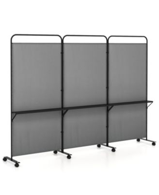 3-Panel Folding Room Divider with Metal Shelves and Lockable Wheels