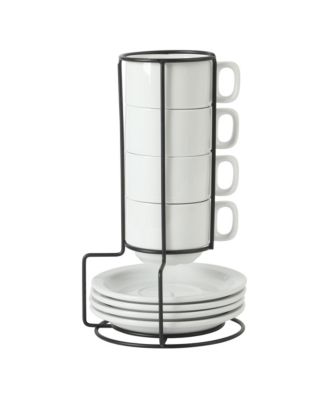 Gracious Dining 7-Ounce Cappuccino Cups Set of 4, Stackable Coffee Cups with 4 Saucers, Metal Stand