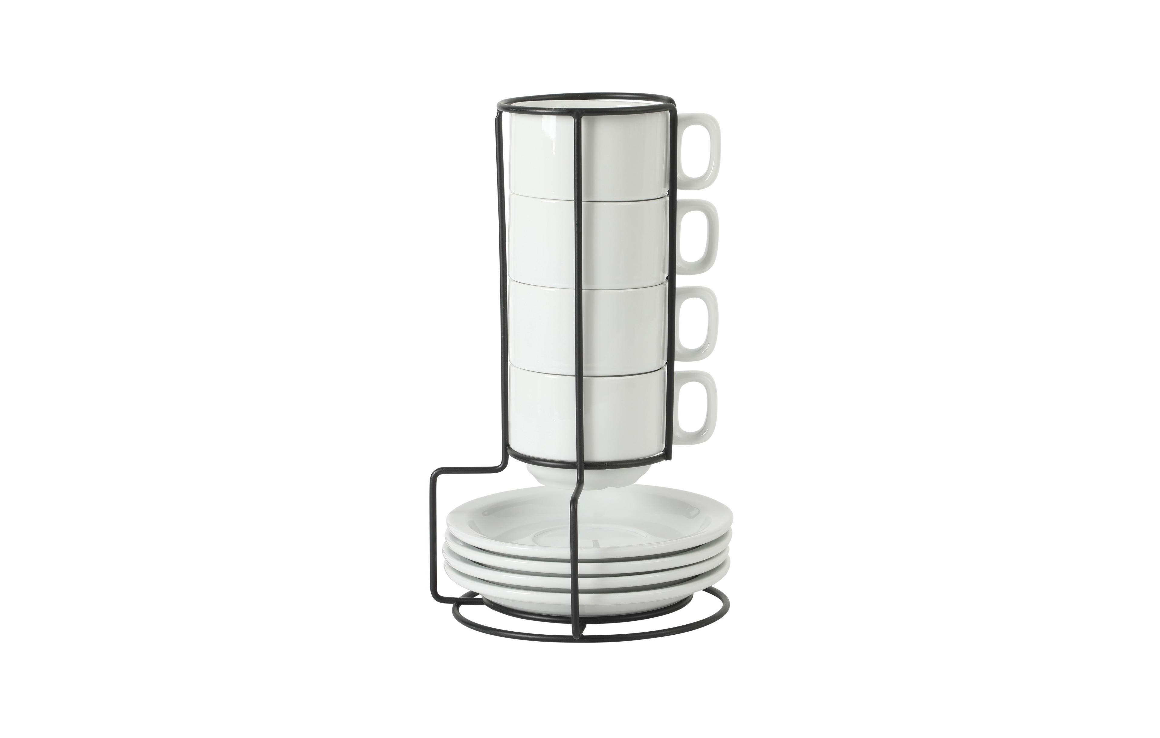 Gibson Home Gracious Dining 7-Ounce Cappuccino Cups Set of 4, Stackable Coffee Cups with 4 Saucers, Metal Stand