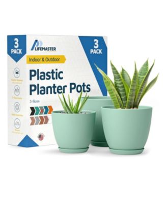 Mint-colored stackable plant pots with drainage holes and saucers, 3-pack (7", 6.7", 6"). Durable, weatherproof