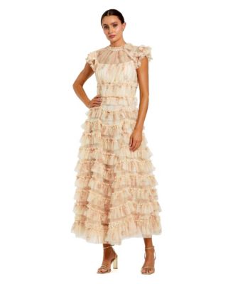Women's Printed Mesh Short Sleeve Micro Ruffle Midi Dress