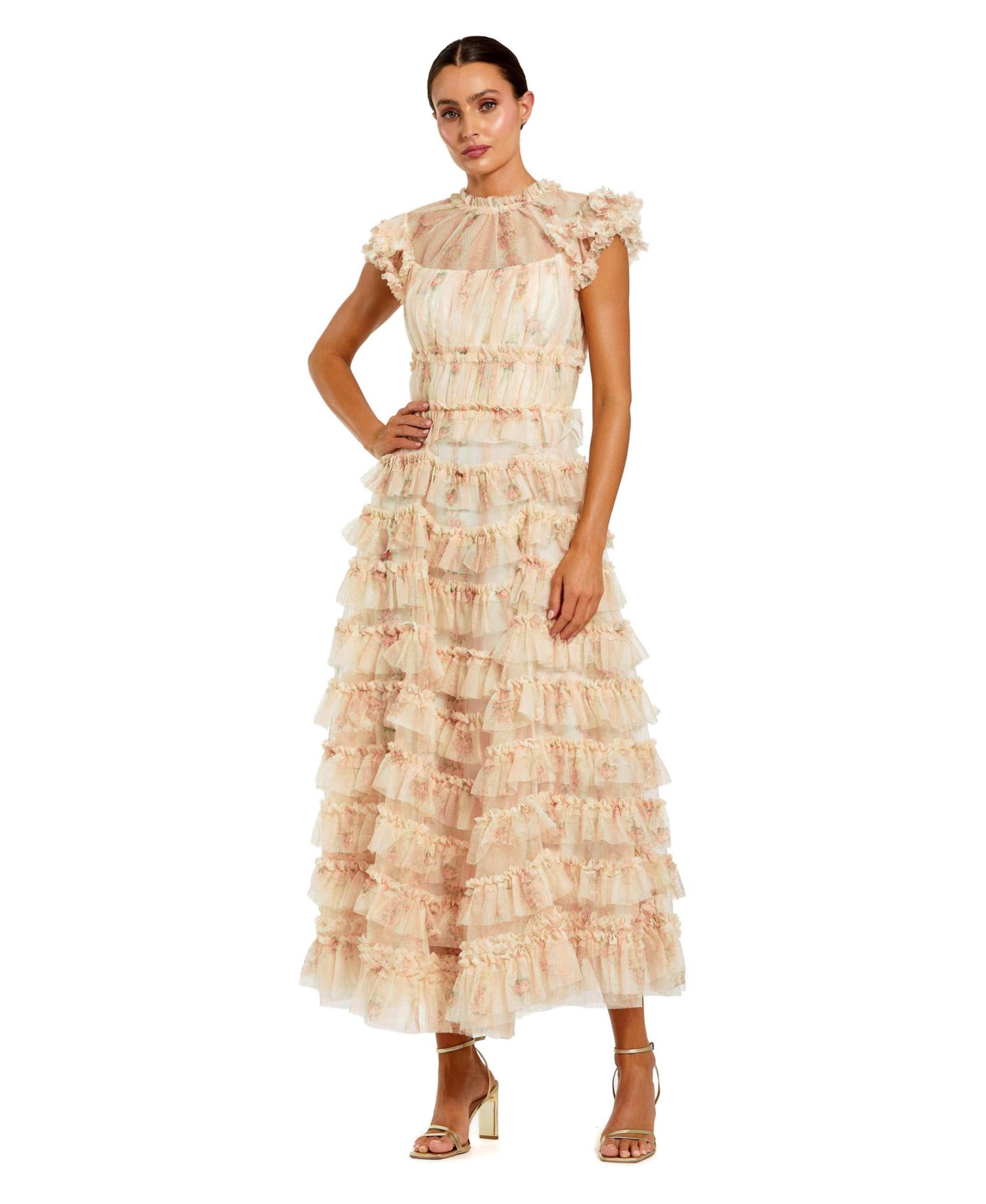 Women's Printed Mesh Short Sleeve Micro Ruffle Midi Dress
