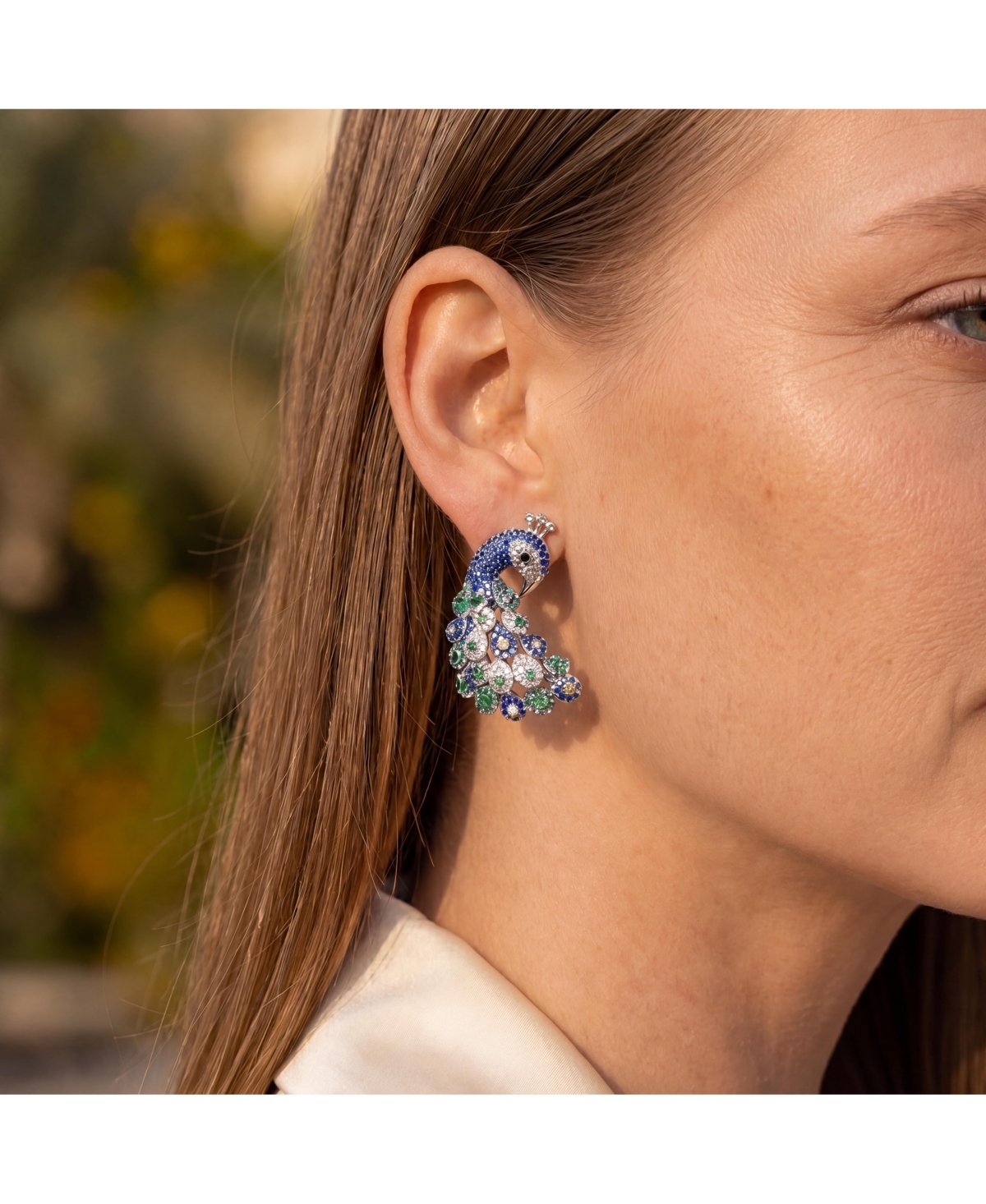 Sterling Silver White Gold Plated Blue and Green Cubic Zirconia "Peacock" Butterfly Earrings