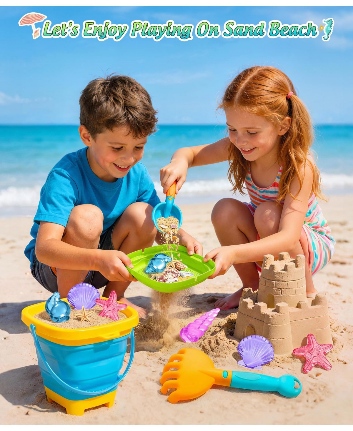 Gnuadz Collapsible Beach Sand Toys Bucket Sifter Shovel Rake Mesh Bag