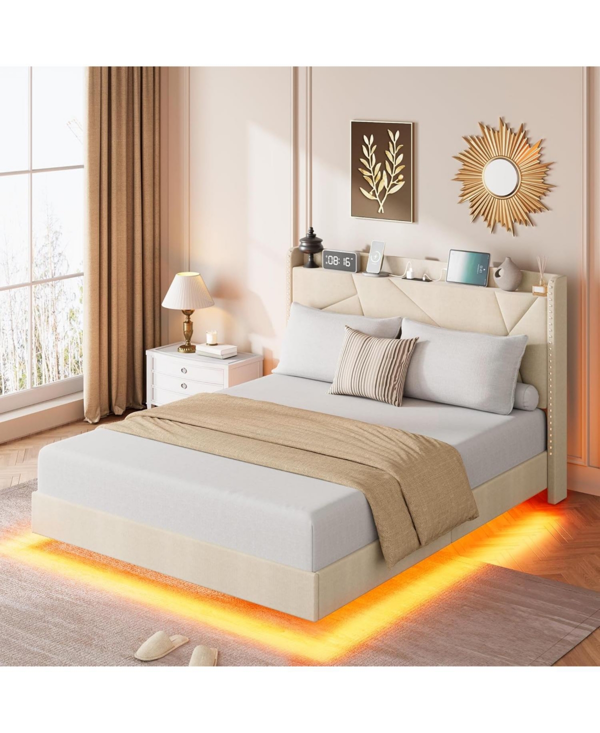gaomon Floating Bed Frame with Led Lights and Charging Station