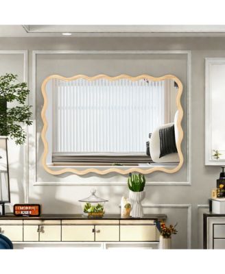 Wavy Rectangle Mirror, 40" x 28" Wall Mounted Decorative Mirror, Modern Solid Wood Mirror for Bathroom, Living Room and Entryway