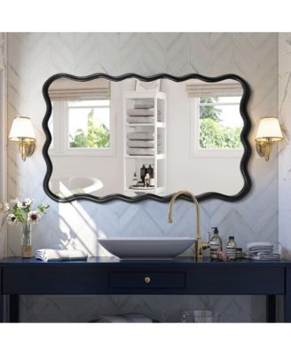 Wavy Rectangle Mirror, 40" x 28" Wall Mounted Decorative Mirror, Modern Solid Wood Mirror for Bathroom, Living Room and Entryway