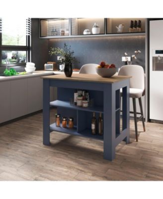 Arlington isla de cocina, diseno moderno con estantes abiertos, almacenamiento multifuncional en kronos fresno y kronos azul