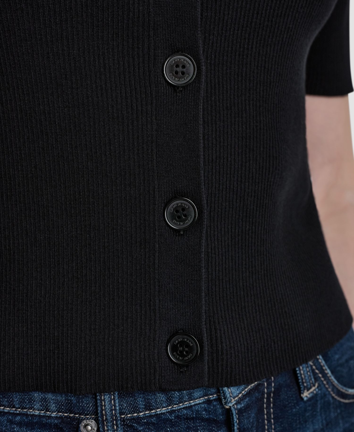 Women's Side Logo Button-Front Elbow-Sleeve Crewneck Sweater