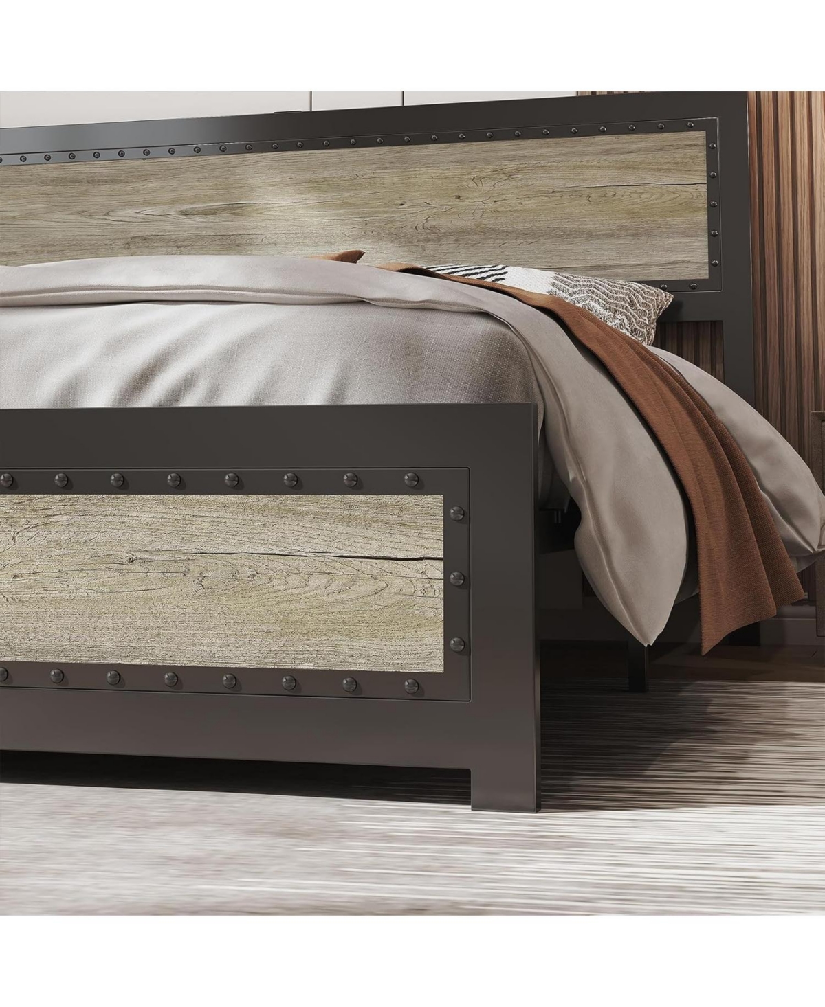 gaomon Industrial Platform Bed Frame with Charging Station And Headboard
