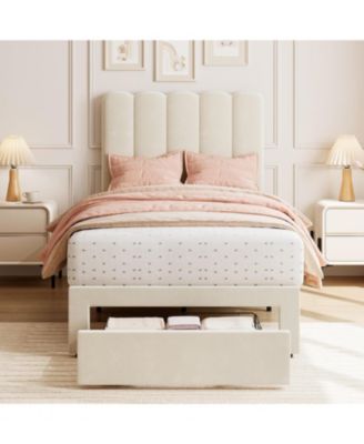 Velvet Platform Bed with Drawer, Wave Headboard
