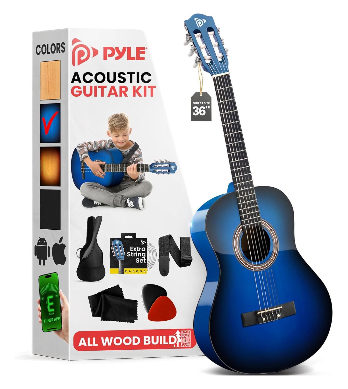 Детские игрушки Pyle Beginner Acoustic Guitar Kit, 3/4 Junior Size All-Wood Guitar for Kids & Adults, 36" Burst, цвет: Синий — фото 1