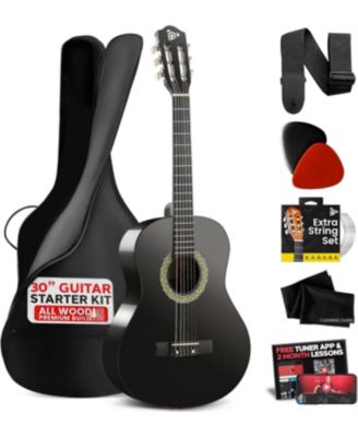 Beginner Acoustic Guitar Kit, 30" 1/4 Junior Size All-Wood Guitar for Kids & Adults, Easy-Play Design, Black Matte Finish