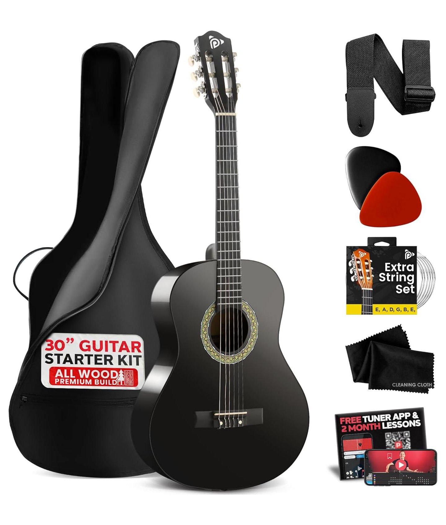 Детские игрушки Pyle Beginner 30" Junior Acoustic Guitar Nylon-String Kit, Ages 4+, цвет: Чёрный — фото 1