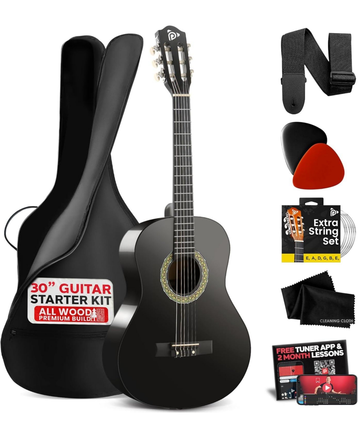 Pyle Beginner Acoustic Guitar Kit, 30" 1/4 Junior Size All-Wood Guitar for Kids & Adults, Easy-Play Design, Black Matte Finish - Black