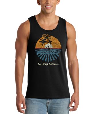 Men's Sunset Palm Tree Beach Scene Word Art Graphic Tank Top