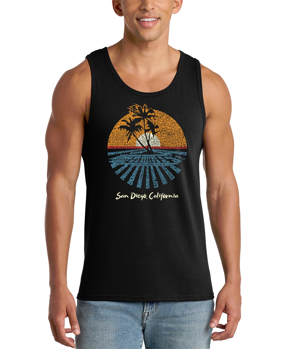 La Pop Art Men's Sunset Palm Tree Beach Scene Word Graphic Tank Top