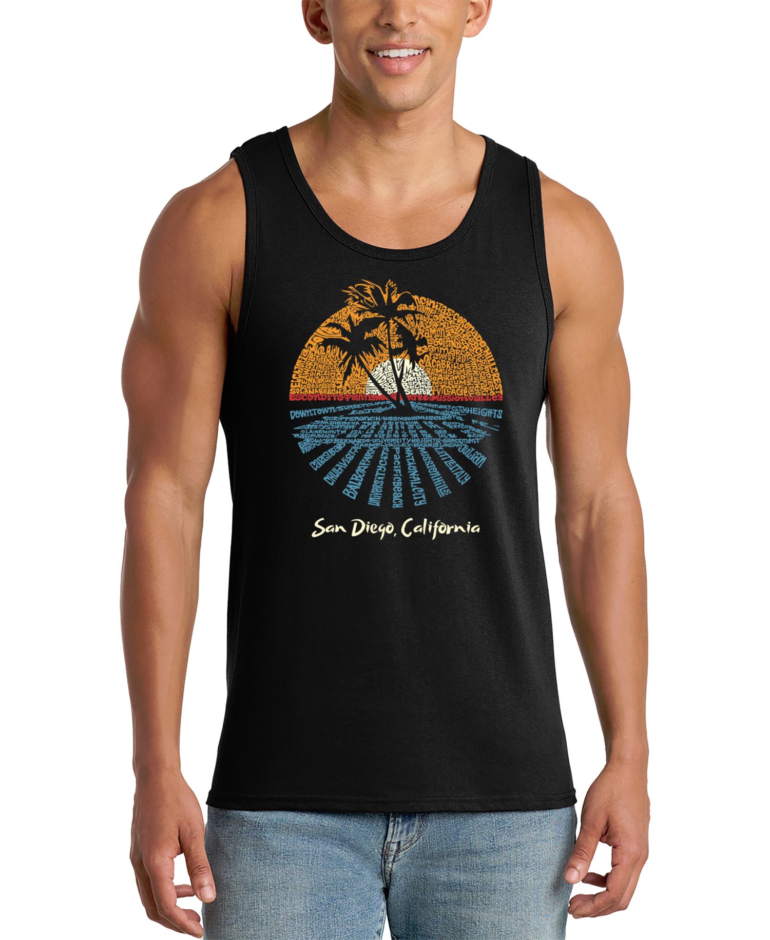 Men's Sunset Palm Tree Beach Scene Word Art Graphic Tank Top
