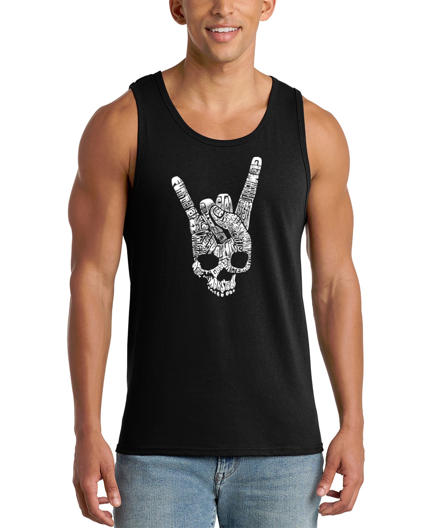 Men's Rock Skull Hand Gesture Word Art Graphic Tank Top