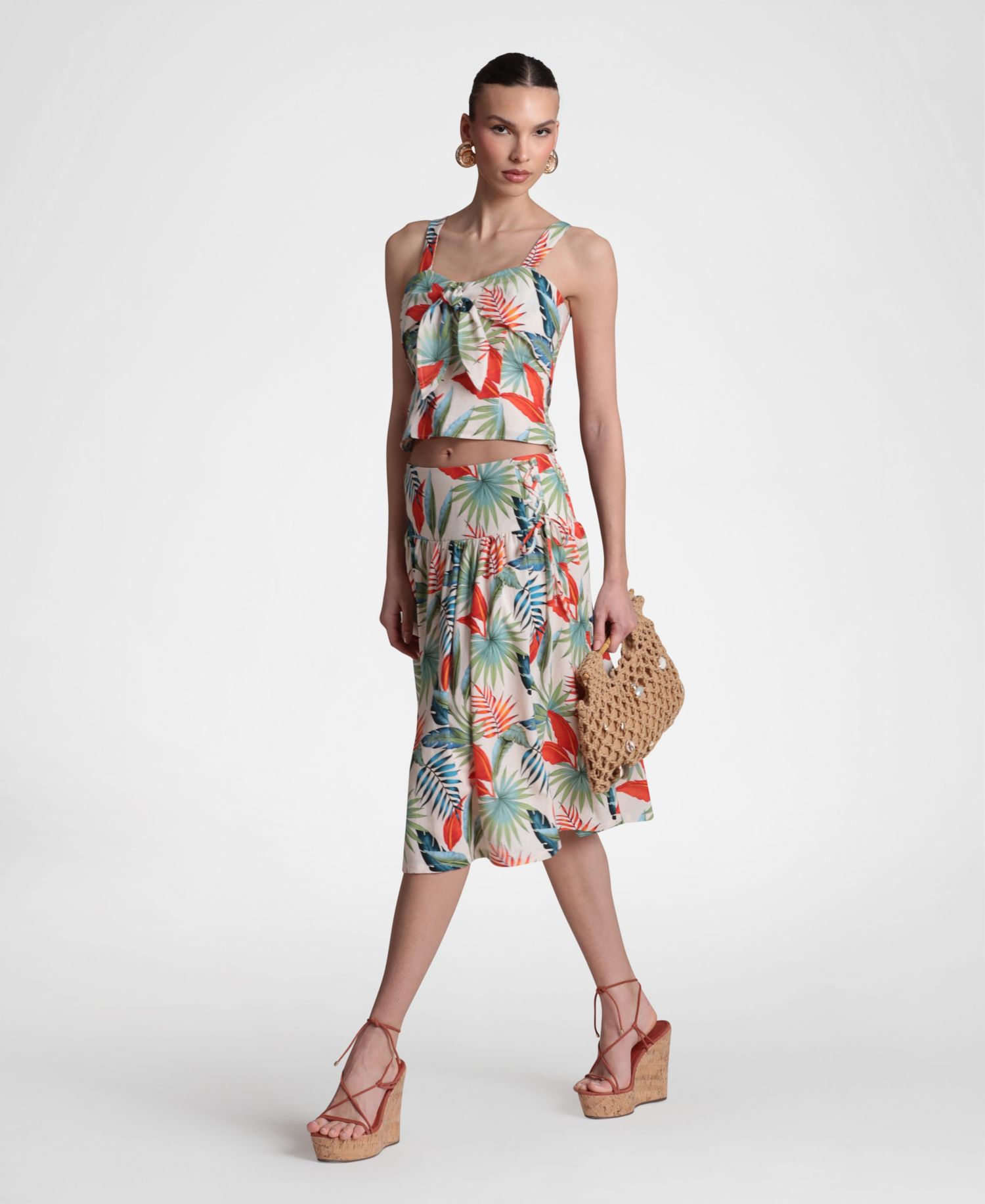 Women's Linen-Blend Side Tie Midi Skirt
