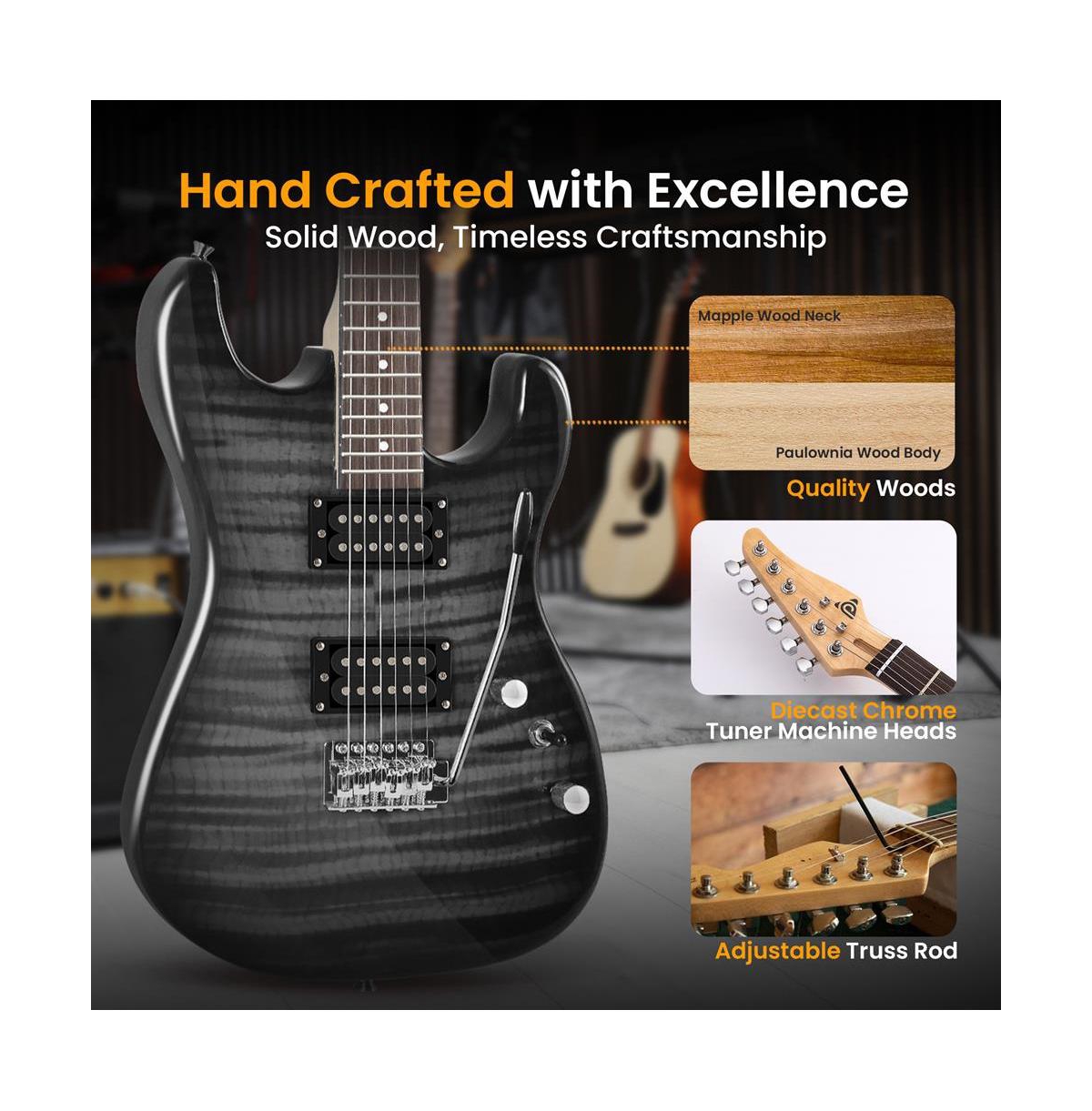 Pyle 39.4" Electric Guitar Kit with Amplifier, Digital Tuner & Accessories - PEGKT99BK