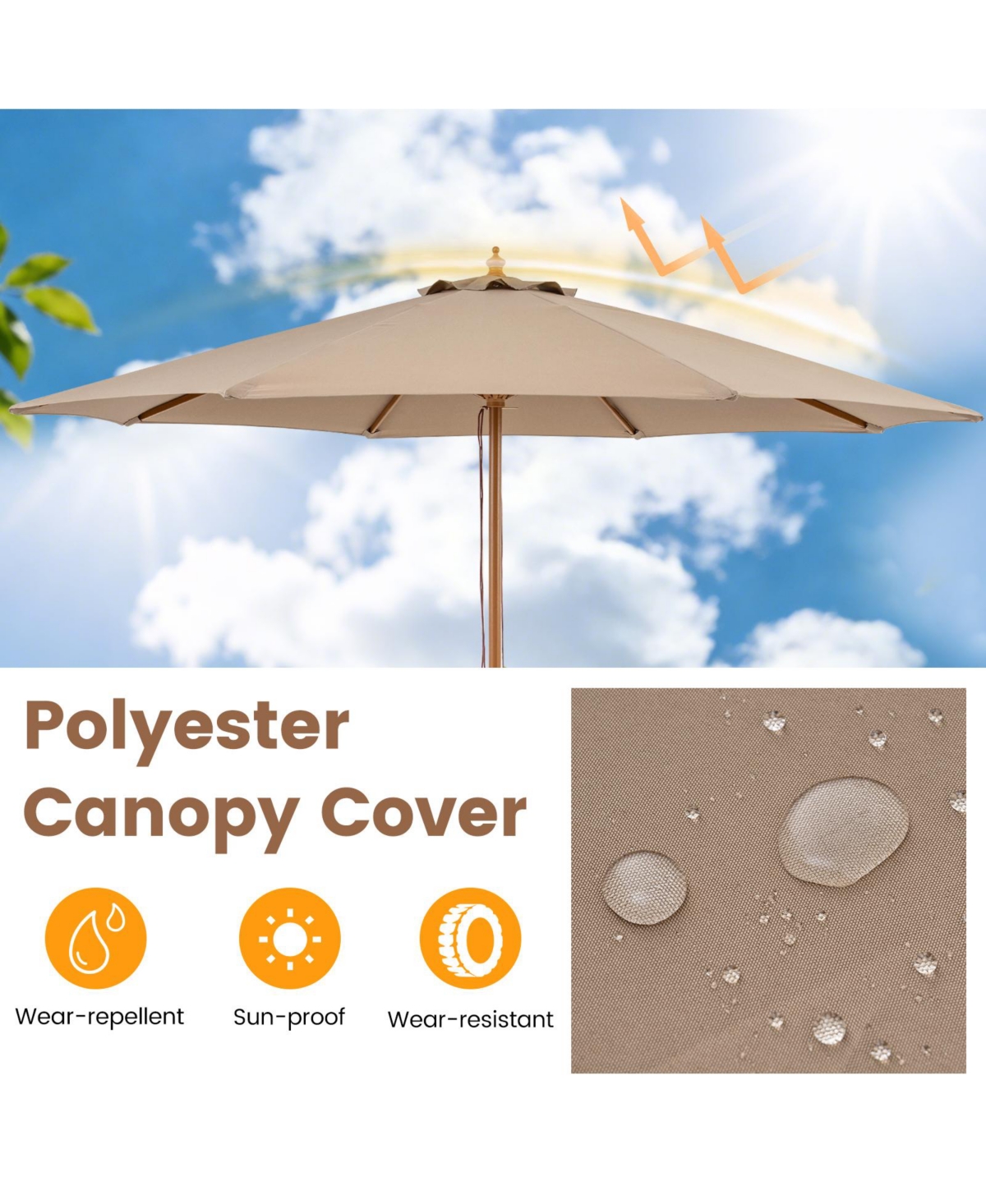 Gymax 9FT Patio Umbrella w/Adjustable Height Rope Pulley Lift Vented Top 8 Sturdy Ribs