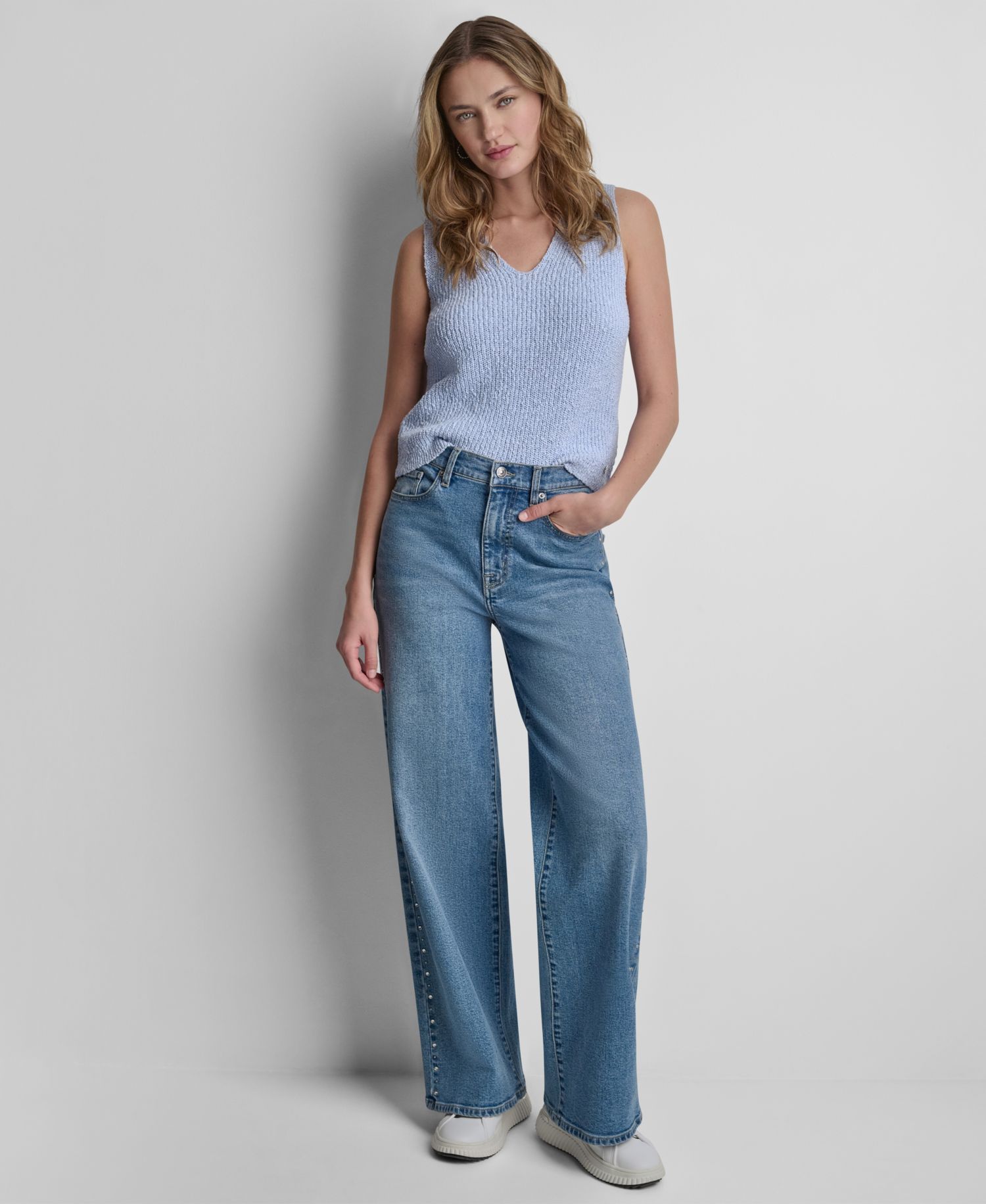 Women's High-Rise Wide-Leg Outseam Studs Jeans