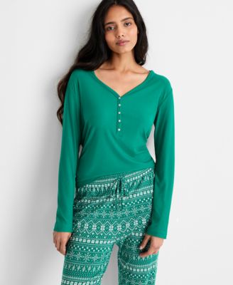 Women's Long-Sleeve Ribbed Henley Sleep Top XS-3X