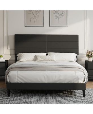 Upholstered Platform Bed, 6-Grid Linen Headboard, No Box Spring Needed