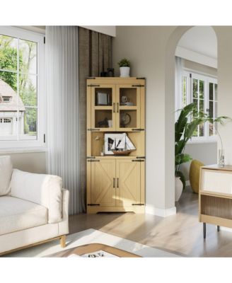 Farmhouse Corner Cabinet with Glass Door and Adjustable Shelves, Tall Corner Storage Organizer for Bathroom, Kitchen, Living Room