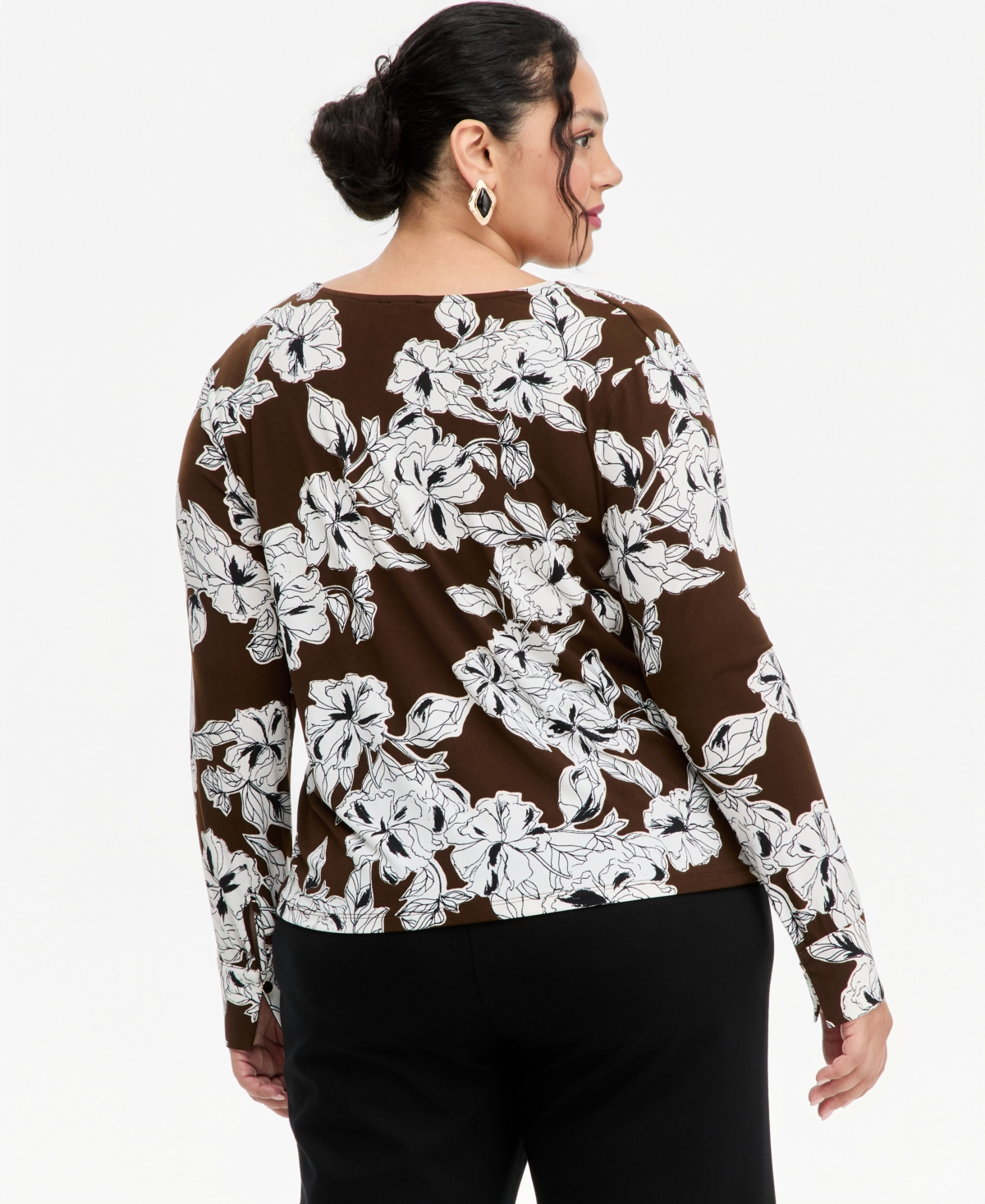 I.n.c. International Concepts Plus Floral-Print Pleated V-Neck Long-Sleeve Top, Macy's Exclusive