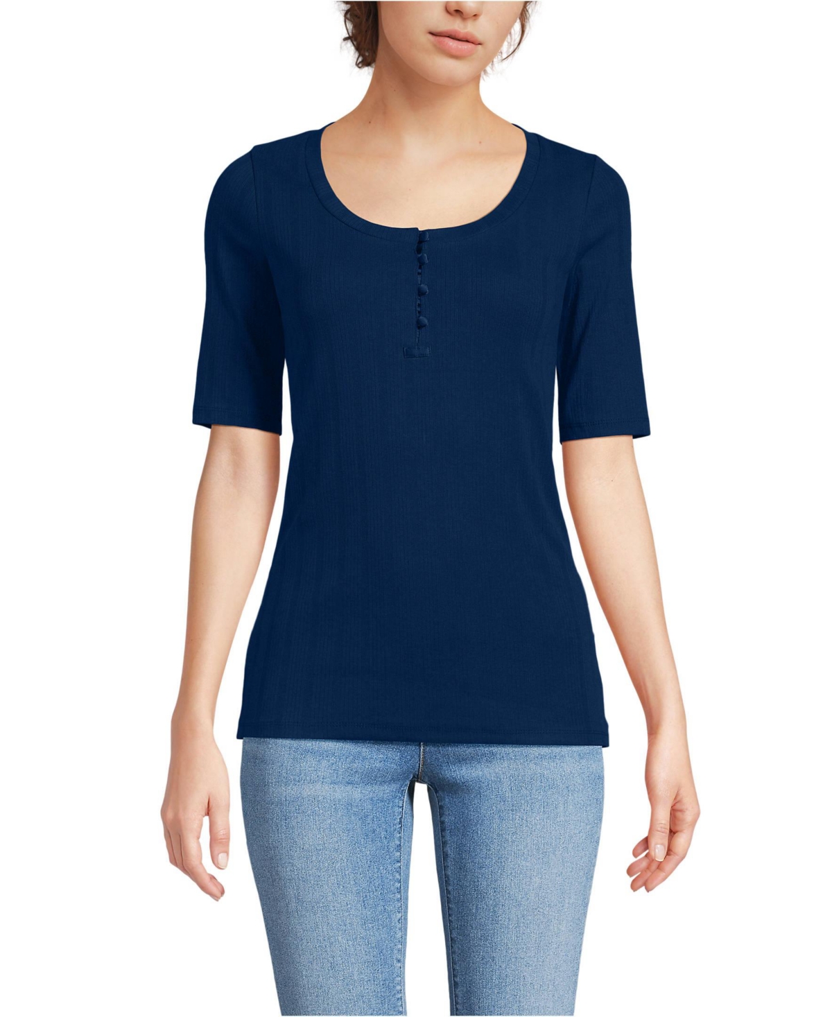 Lands' End Women's Elbow Sleeve Variegated Micro Rib Scoop Neck Henley - Deep sea navy