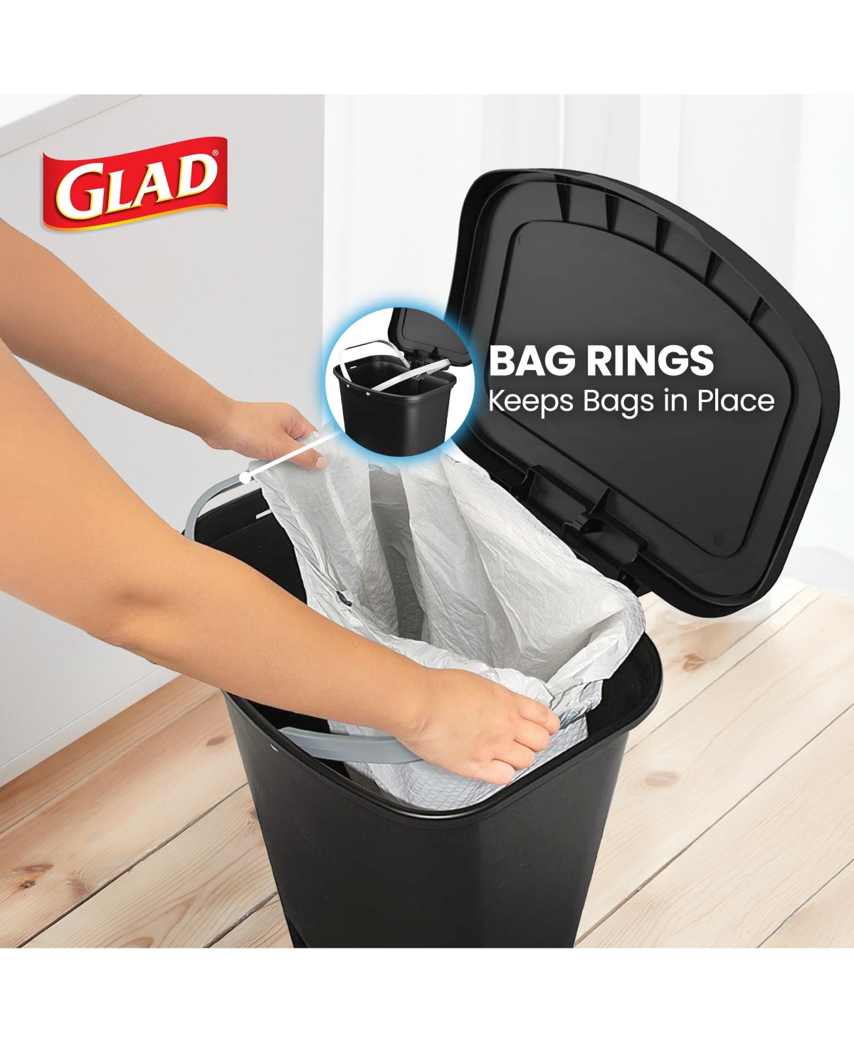 Glad Kitchen Trash Can with Lid, Foot Pedal and Garbage Bag Rings, 13 Gal