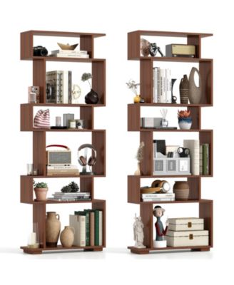 2 Piece 6 Tier Bookshelf Geometric Bookcase with Anti Tipping Kits Wooden Display Shelf