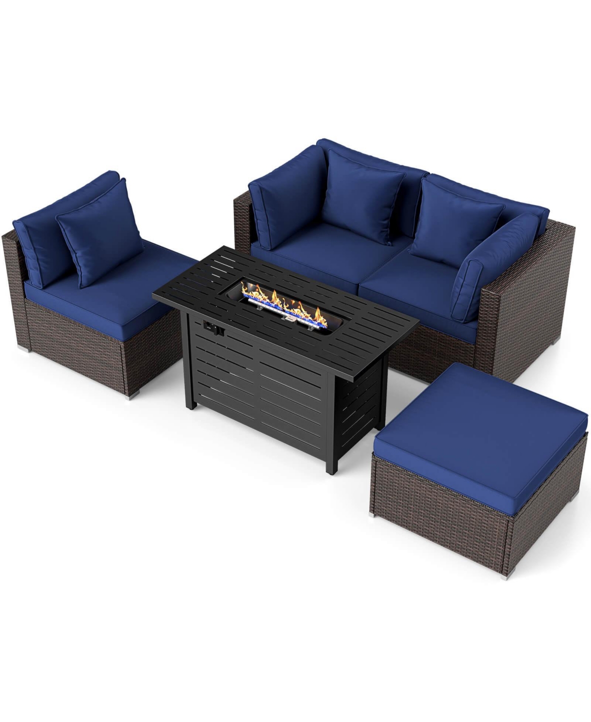 Costway 5 Pieces Patio Furniture Set Heavy-duty Frame Rattan Sofa with 60,000 Btu Firepit Table